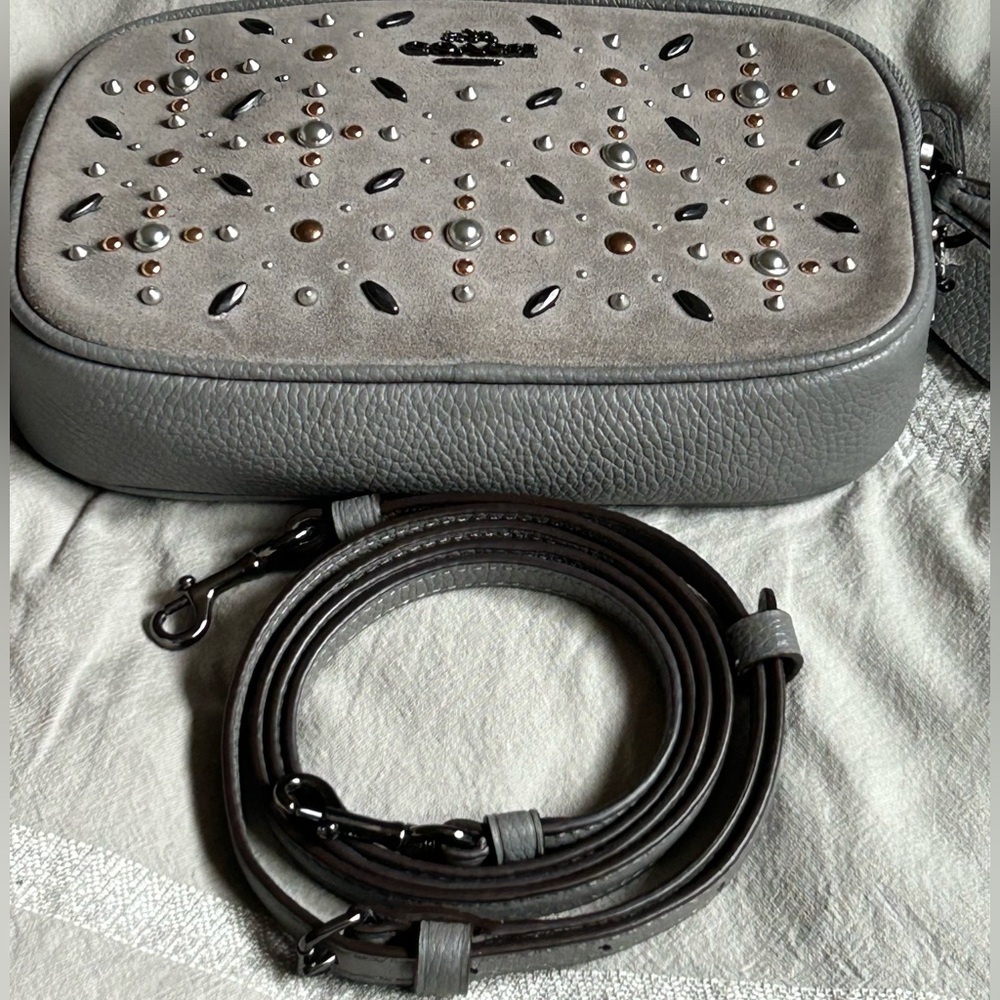 COACH Prairie Rivets Suede & Pebble Leather Crossbody/Wristlet in Heather Grey - Picture 7 of 9